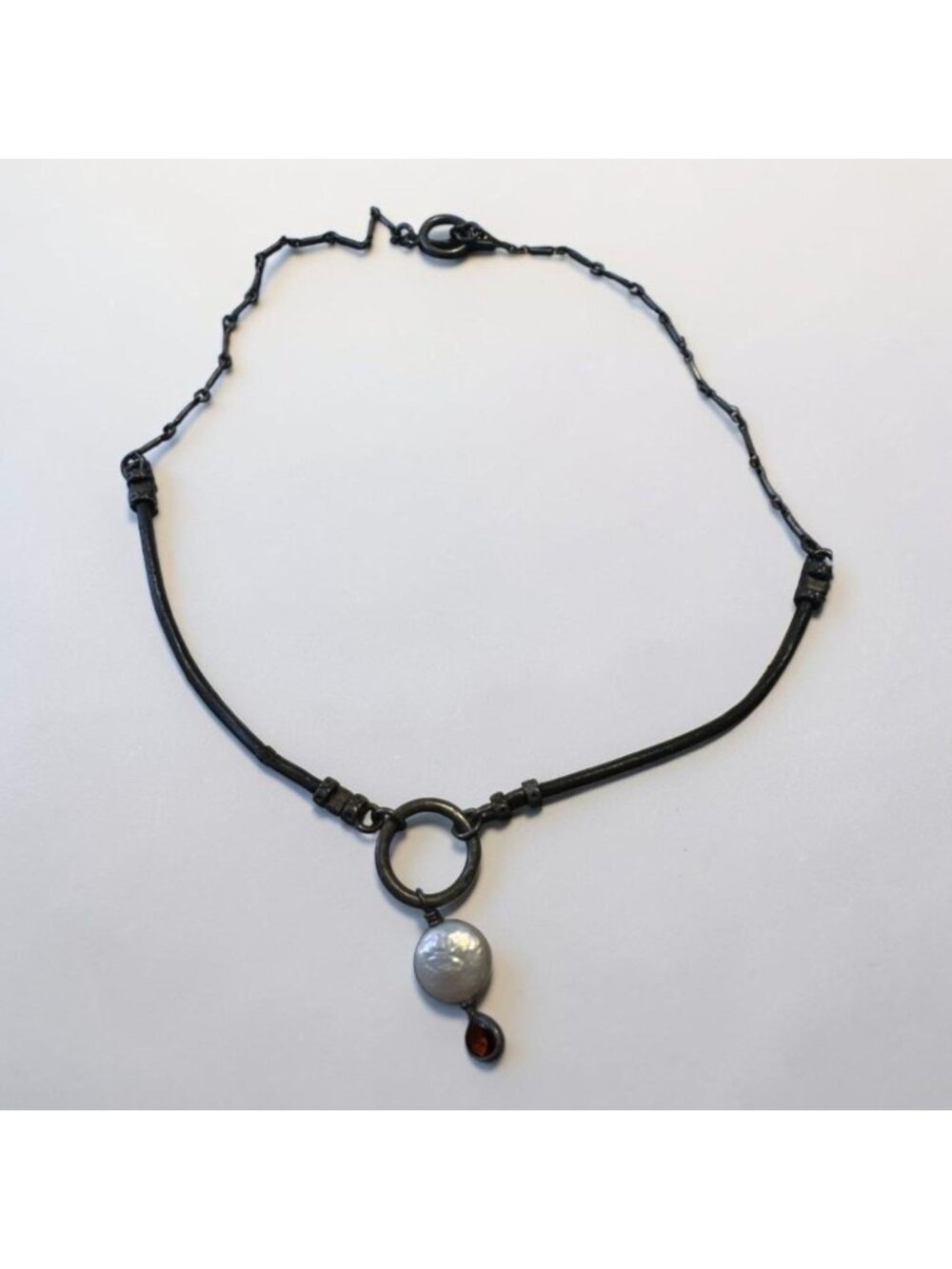Handcrafted Black Leather Chain Necklace With Pearl & Garnet Pendant 14 Inches L